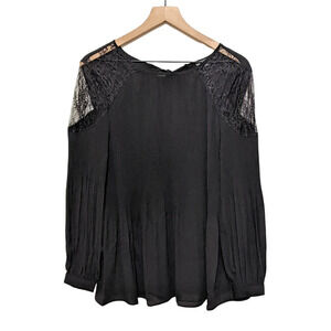 Adrianna Papell Womens Lace Yoke Tie Back Blouse Size M Black Top Bishop Sleeve
